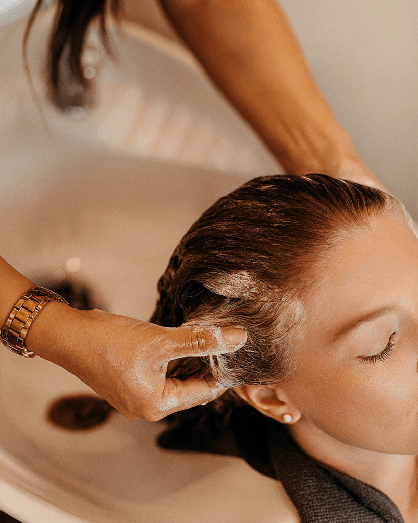 Peluquera aplicando tratamiento profesional en salón según el tipo de cabello de la clienta, centrado en diagnóstico personalizado y cuidado capilar.