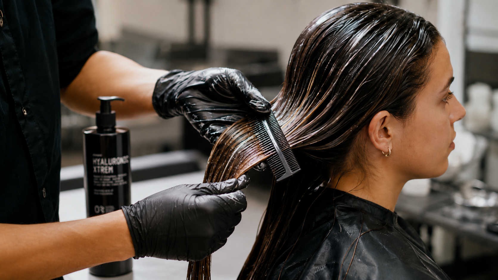 Hairdressing professional applying a hair product in a salon as part of professional cosmetic development